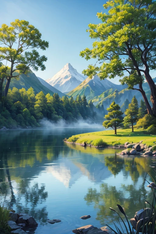 Highest quality、Landscape painting、Tranquil lakeside scenery、Foggy、dim