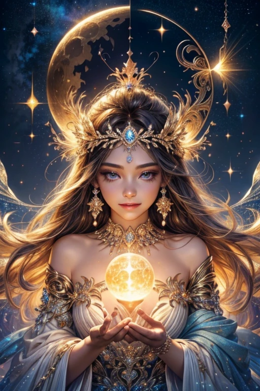A light orb surround by the magician circle with inside the orb has a diamond, hand, many shining butterfly, beautiful smile, sparkle sky, shining, gust of wind, light bright flowers, sun and moon, dark light of fantastic and cosmological with universal. Amazing view very bright and warm starry. Detail, HD, Enchanted. Dynamic, Gorgeous, Multiple colours. Beautiful perfect face and anatomy. Amazing bright dress. Very epic and bright, best pose. A goddess. Golden shining accessories. Cute. Sky half bright, half starry dark. Diamond on the crown, split up sky into day and night. Match