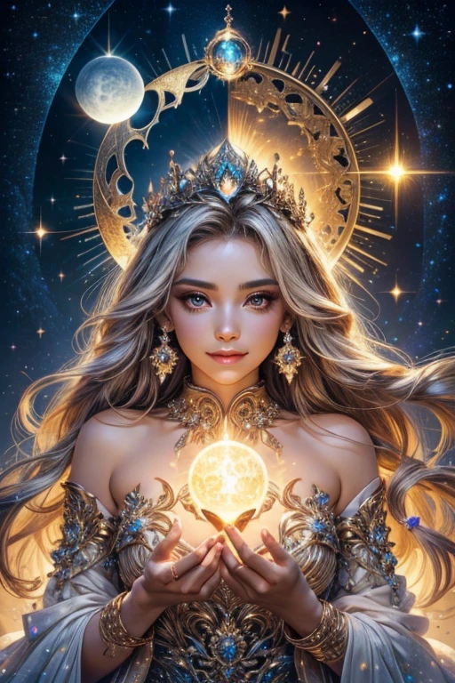 A light orb surround by the magician circle with inside the orb has a diamond, hand, many shining butterfly, beautiful smile, sparkle sky, shining, gust of wind, light bright flowers, sun and moon, dark light of fantastic and cosmological with universal. Amazing view very bright and warm starry. Detail, HD, Enchanted. Dynamic, Gorgeous, Multiple colours. Beautiful perfect face and anatomy. Amazing bright dress. Very epic and bright, best pose. A goddess. Golden shining accessories. Cute. Sky half bright, half starry dark. Diamond on the crown, split up sky into day and night. Match