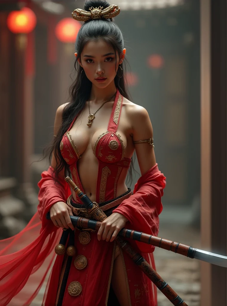 arafed asian woman in red dress holding a sword and wearing a crown, cinematic goddess body shot, lady in red armor, by Raymond Han, fantasy woman, beautiful female warrior, a beautiful woman warrior, a beautiful fantasy empress, cinematic goddess shot, wlop and ross tran, beautiful oriental woman, cgsociety and fenghua zhong, by Victor Wang