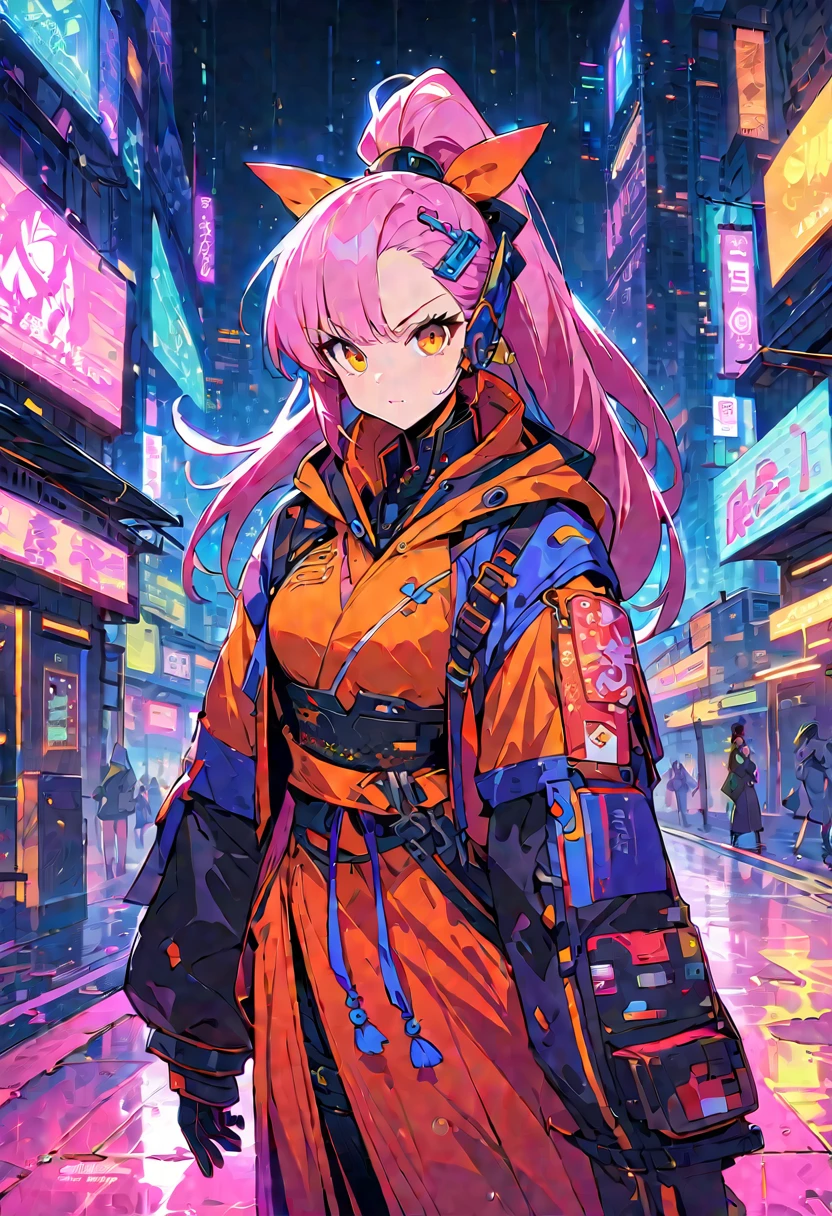 (best quality), (ultrafein), (masterpiece), Illustration, a girl,China-Samurai,cyberpunk, (cyberpunk,Samurai-Costume,Cybernetic implants),ponytail, Hair Accessories, bright colours,dynamic lighting,neon lights,shining city skyline,holographic projection,Fashionable clothing of the future,a mix of traditional and modern elements,Avantgardistisches Make-up,exquisite hairstyle,Self-confidence and determination,Urban environment,Heavy rain,Reflection on wet road,Metall Textur,Mechanical Armor, gorgeous accessories,High-Tech-Gadgets,Impressive cybernetic improvements,Clear focus,Grumpy Details, Overclocked rendering, Cinematic edge light, fine light, masterpiece, super Details, epic work, Ultra-High-Definition, good quality, 32K