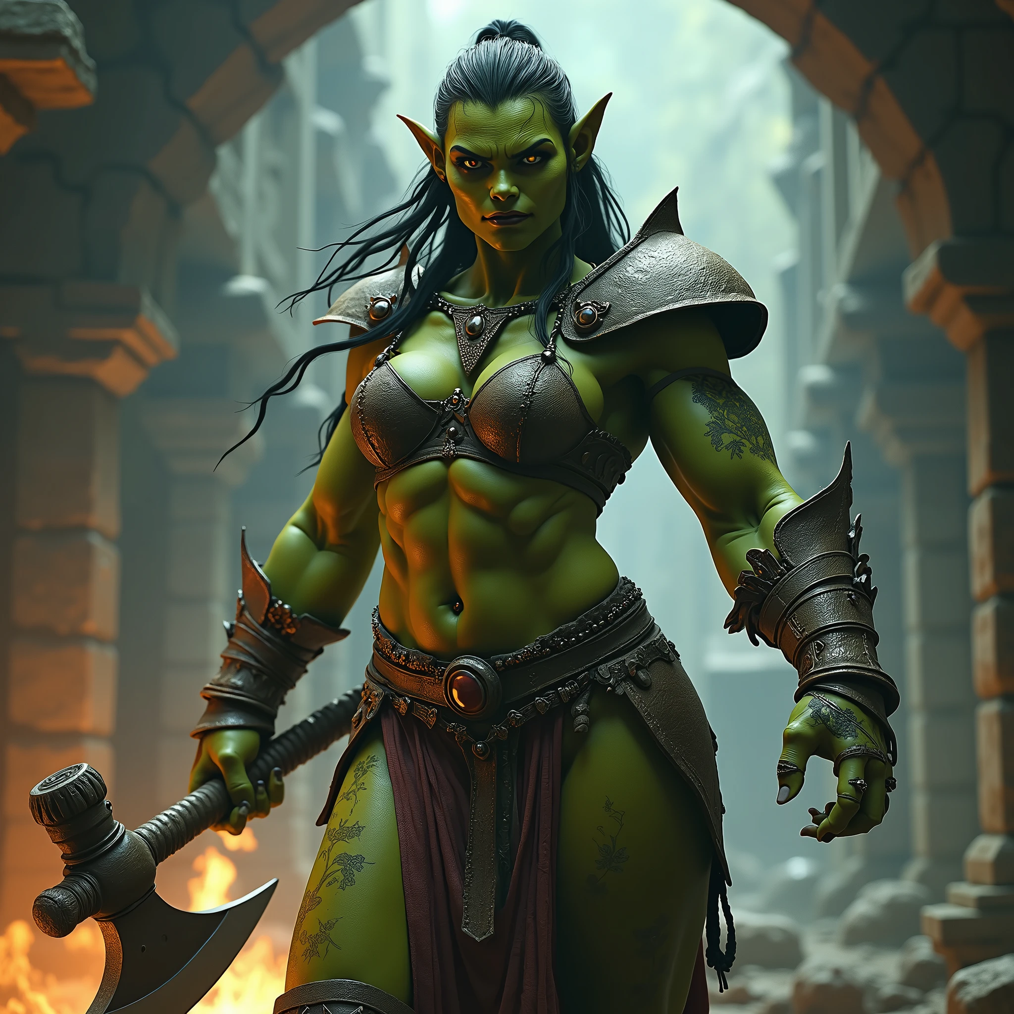 (best quality,4k,8k,highres,masterpiece:1.2),ultra-detailed, 1woman, female orc, woman orc, green skin, lust in her eyes, wielding an ax, BULKY, HDR, 8k, absurdres, cinestill 800, sharp focus, add_detail:2, (solo, woman)