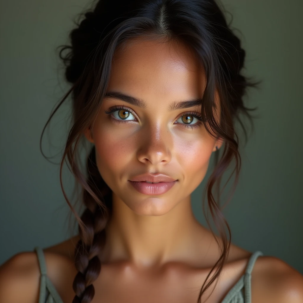 The most beautiful Brazilian girl,tied hair, 20 ans, peau parfaite, front view of the HEAD, 4K
