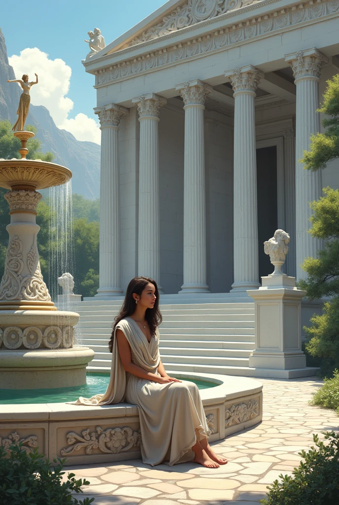 In an ancient Greek temple, a maid dressed in Greek attire sits by the fountain in front of the temple