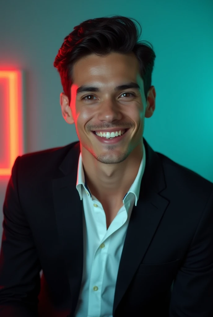 A young man with dark hair and a confident smile. He is dressed in a black blazer over a white shirt. The man is positioned against aqua colour backdrop with a subtle red lighting on the left side. and he posing for Linkedin profile