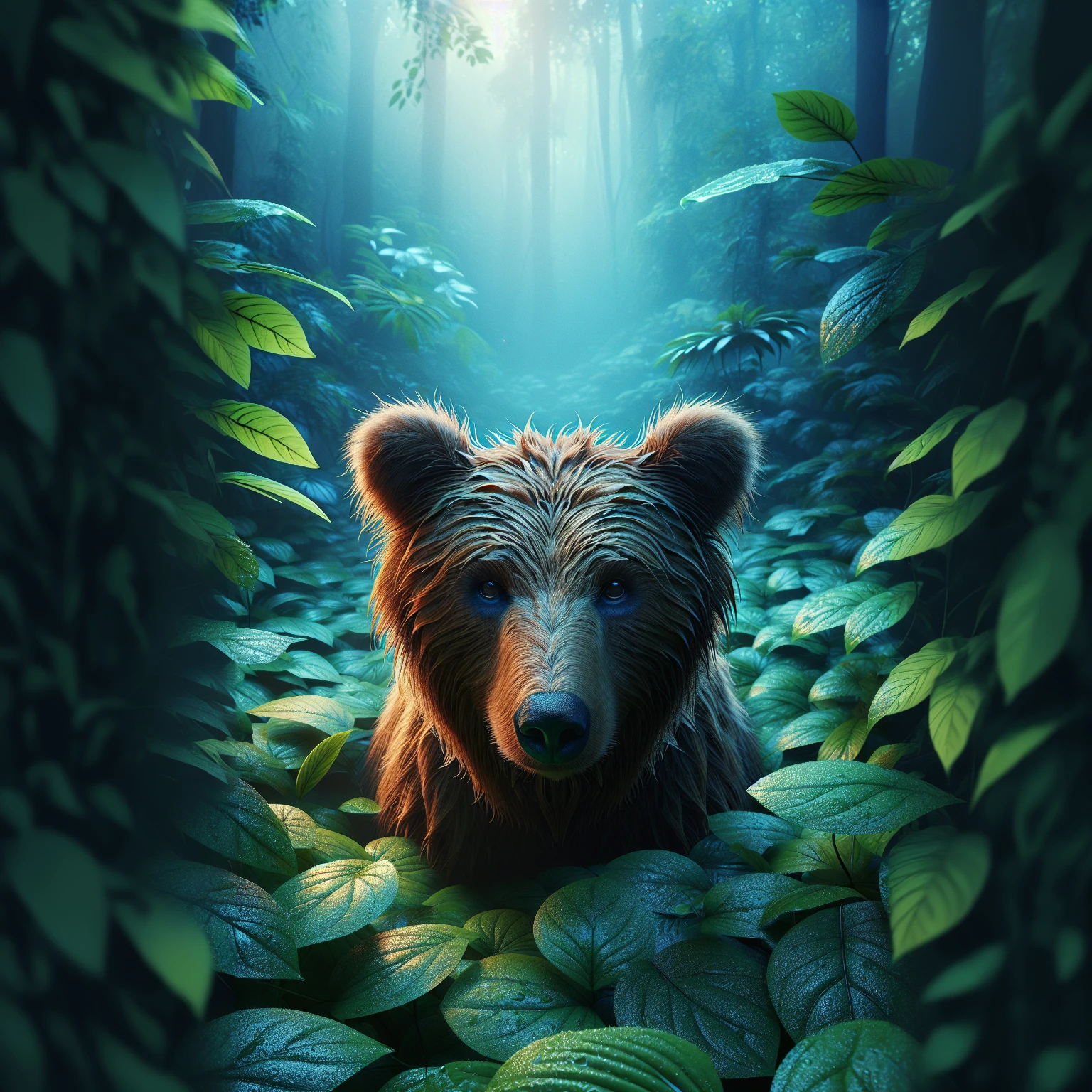 A bear, centered in the middle of a forest of trees and bushes, with cinematic lighting and blue color tone