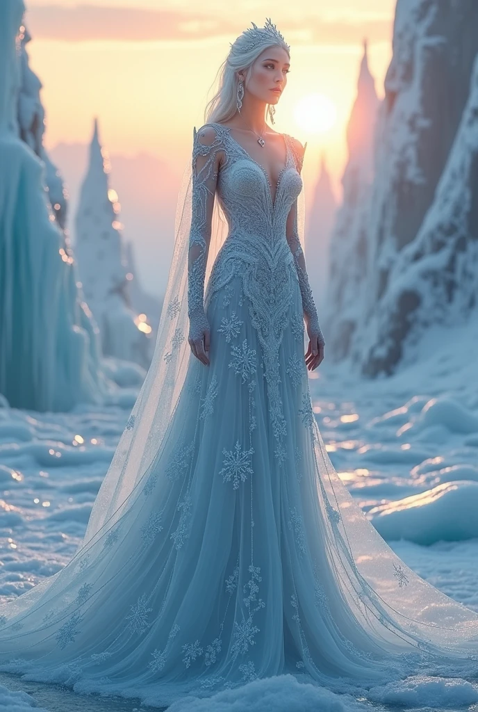 `An Ice Queen in a Kingdom with the Sun in the Background, HD, Rich in details`