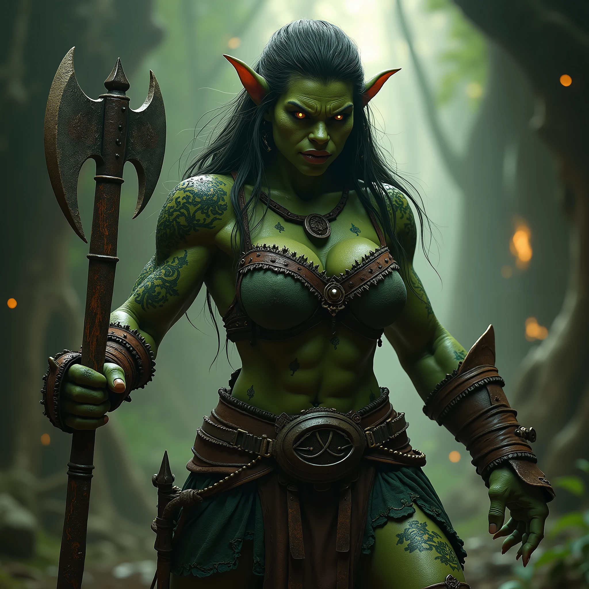 (best quality,4k,8k,highres,masterpiece:1.2),ultra-detailed, 1woman, female orc, woman orc, green skin, lust in her eyes, wielding an ax, BULKY, HDR, 8k, absurdres, cinestill 800, sharp focus, add_detail:2, (solo, woman)
