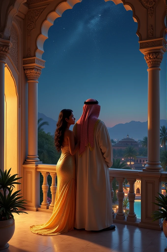 Create an image of a beautiful indian girl called Saranya wearing a golden nightie along with Mohammed bin Salman whose chubby and fat, he's the prince of Saudi Arabia. They both looking at the stars at night from their palace balcony.