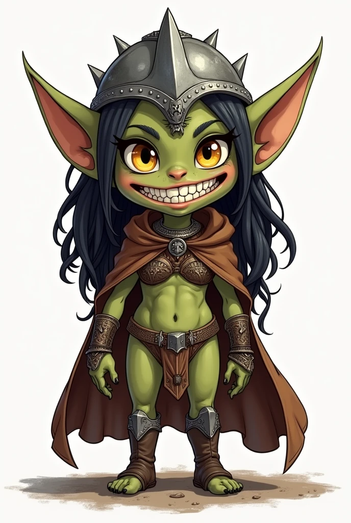 Goblin queen with large yellow eyes, a large toothy grin, chainmail coif, chainmail bikini, black dreadlocks, short and stout stature, brown leather poncho, chibi style drawing, simple lines, no shading
