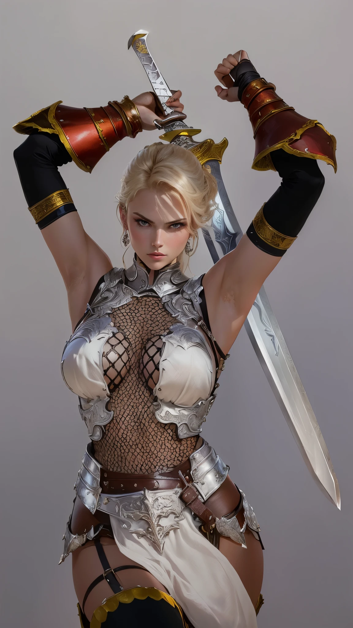 À la Fed woman in armor holding sword and sword, With a sword on his shoulder, Dramatic Sword-wielding Pose, Sexy blonde warrior, She has a sword, She has a sword, Pose with a sword, Female Warrior, Complex fighting pose, With a big sword, pin up. King of Daggers, Valkyrie-style characters