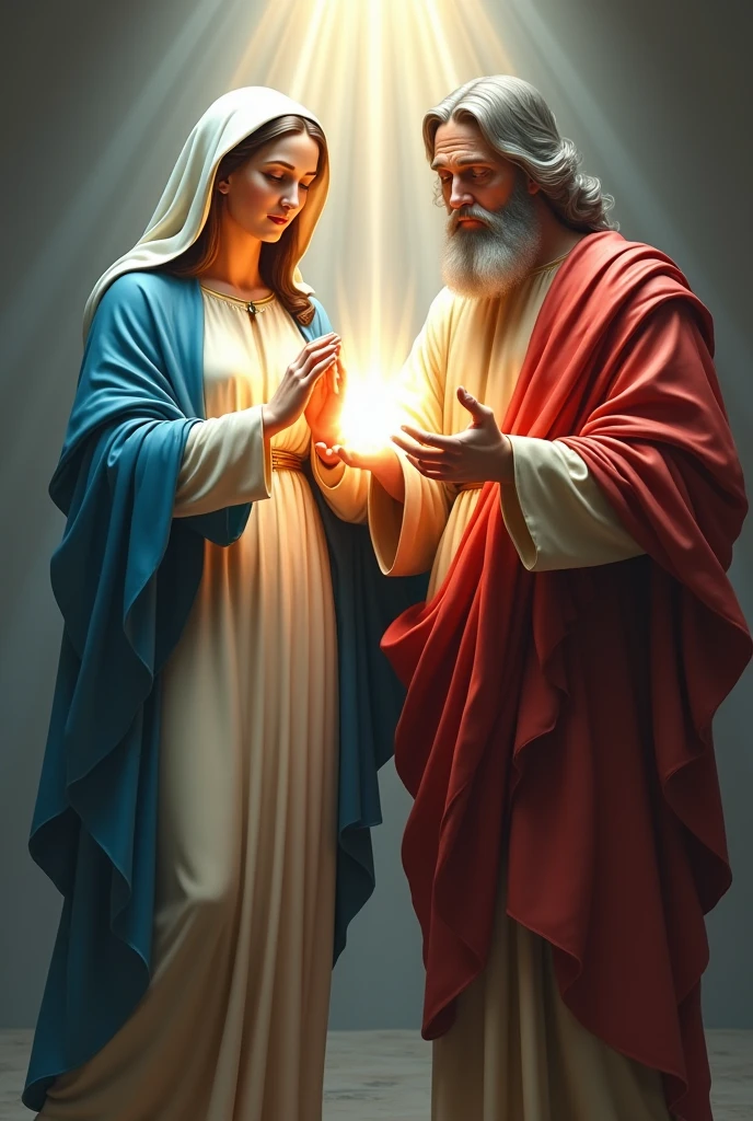 (photorealism:1.2)  divine mercy with red and white rays and nail marks on hand, our mother of perpetual help, saint Joseph