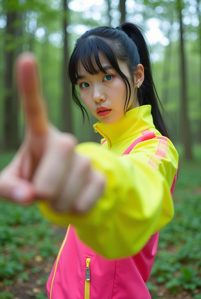 Full-body photo of a korean young woman holding out his hand fucking to present a hand with short ponitail black hair, blue eyes, riding style a big giant cat on the floor in a cool pose. Strong wide angle photography effect. She is dressed in an electric-yellow and pink tracksuit and wears high-top white sneakers. She is isolated against a light forest background and gestures a card to the camera in front of her. professional photography, sharp focus, intricate details, wide angle, fisheye --ar 39:64 --v 6.1