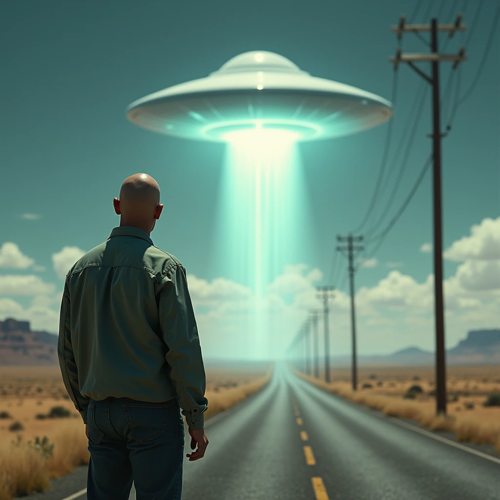 homme chauve sur la route avec un ovni tres brillant en fond ,le regard vers nous