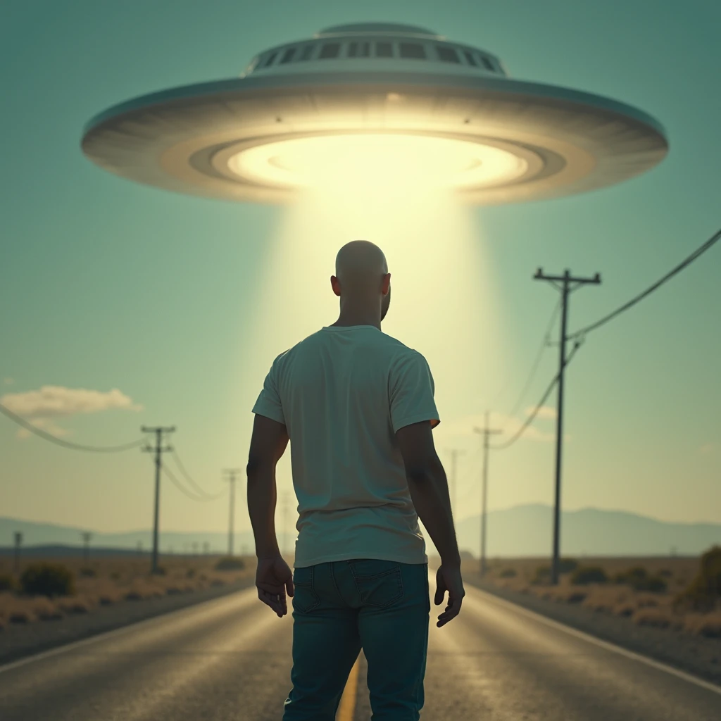 homme chauve sur la route avec un ovni tres brillant en fond ,le regard vers nous