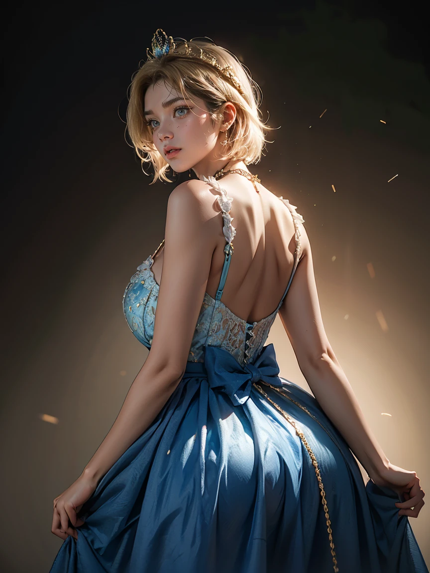 male, Cinderella, 1, short blonde bob, male hair style, blue dress, sexy blue dress, big butt, gold necklace, crown, standing, Random camera angle.,Close the center of the image..., light particles, Attention to details, Grandeur and awe, cinema, A stunning visual masterpiece, double exposure, realistic, cinematic scene, Highest quality, 32ก, emphasized, cleavage,, fancy background
