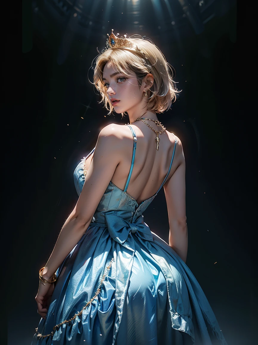 male, Cinderella, 1, short blonde bob, male hair style, blue dress, sexy blue dress, big butt, gold necklace, crown, standing, Random camera angle.,Close the center of the image..., light particles, Attention to details, Grandeur and awe, cinema, A stunning visual masterpiece, double exposure, realistic, cinematic scene, Highest quality, 32ก, emphasized, cleavage,, fancy background
