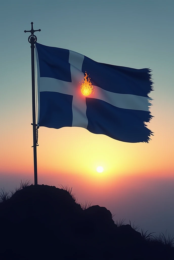rectangular flag on the horizon? her colors are blue and white, with a cross in the middle and a type of fire symbol in the center of the cross. The image is not in drawing format