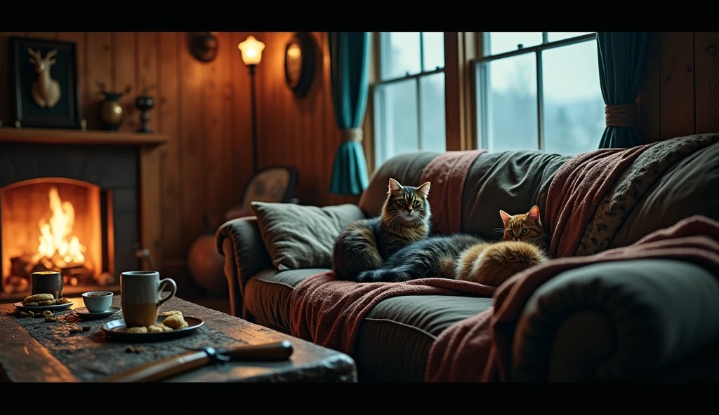 traveller's lodge, living room interior design, cozy very dark brown old couch with messy quilt blankets, old curtains, light beam from window, fire place, deer head decorations, hunter's gun, warm coffee on table and cookies, dark, messy rugs, vintage, clutters, rusty, low angle shot, realistic, cinematic, night time, cool tones, hyper realistic, cats sitting lazy on couch. focus on cats
