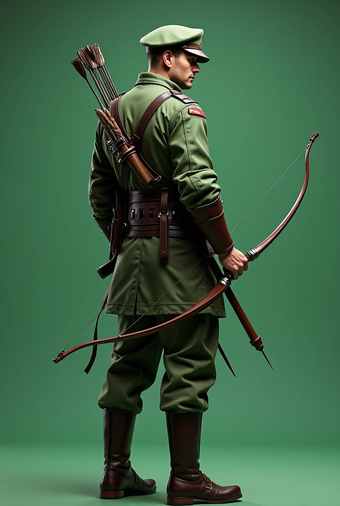 A Soldier standing with bow and arrow in hand , male, Green uniform , Hat on the head , full rear viewed,plain green screen background
