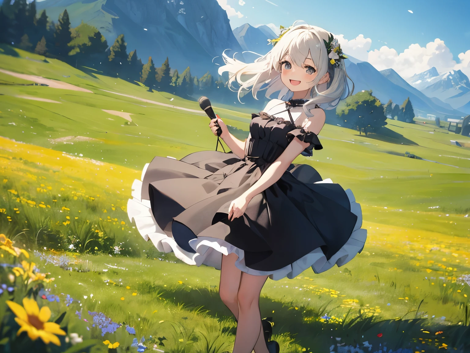 Cute 1, Singing on microphone, smile, slim, dress, Outdoor, Originally, Mountain々, grassland, Flowers, null, Floating Hair