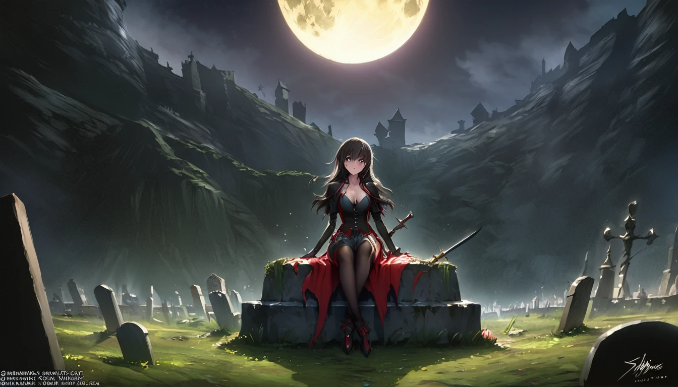 Anime girl sitting on a grave with a sword and a full moon in the background, Jan J, alucard, vampire girl, ross tran style, Gap Moe Yandere Grimdark, vampire, by Shimo, ross tran!!!, Castlevania Witch, ! Dream Art Germ, artstation pixivでトレンド, By Yoshihiko Wada