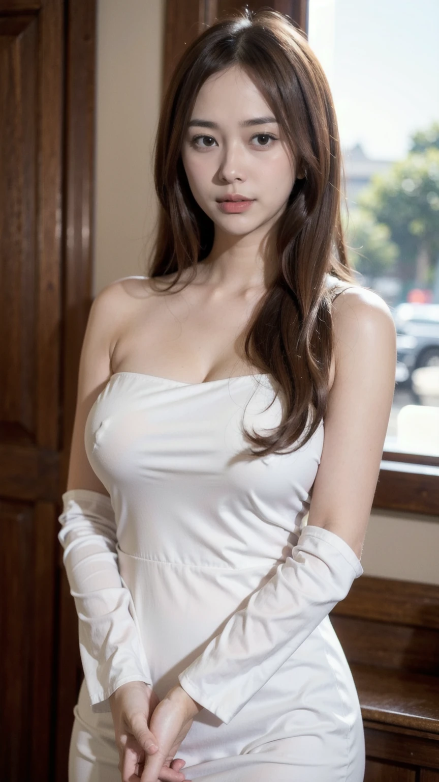 (Raw photo, Best Quality), (Realistic, Photorealsitic:1.3), masutepiece, Extremely delicate and beautiful, Soft light, (Brown hair, Shoulder-length straight hair swaying in the wind), Beautiful detailed girl, (Detailed fingers), extremely detailed eye and face, beautiful detailed nose, Beautiful detailed eyes, 1 girl, Japanese, Neat and clean beauty, Cute, young, ((white dress)), Pants, (Half body:1.3), (big breasts:1.3), Realistic face, Realistic body, standing