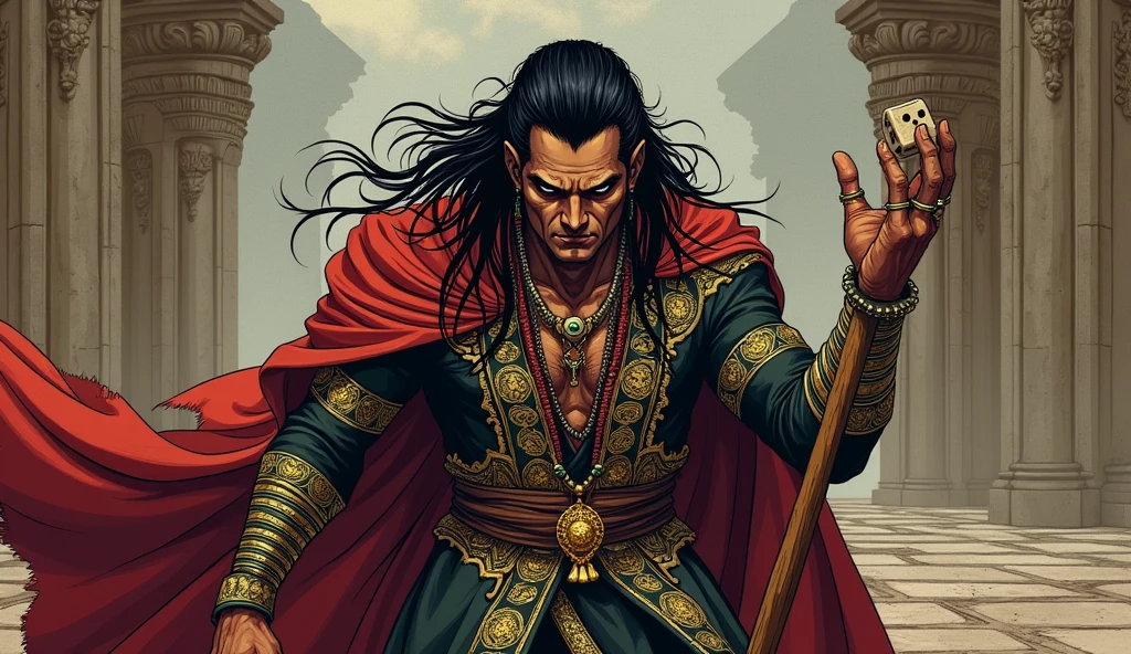 Face: Shakuni has a sharp, angular face with high cheekbones. His expression is often cold and calculating, with a thin, sinister smile. One of his eyes is clouded and half-closed, while the other is sharp and piercing.
Hair: His hair is long, black, and slightly disheveled, often tied back, with a few loose strands framing his face.
Clothing: He wears traditional royal attire in dark, muted colors, like deep purples and blacks, with intricate gold embroidery. His robes have an aged and worn look, adding to his menacing presence.
Body: Shakuni’s body is slightly hunched, with a noticeable limp due to his twisted, broken legs. He walks with the aid of a simple wooden cane or staff. His hands are often shown holding bone dice, symbolizing his cunning nature.
Accessories: He may wear a few gold rings, and a thin gold chain around his neck, with a dark gemstone pendant. His overall look should suggest both nobility and something sinister.
Expression: His expression should alternate between a mask of loyalty and hidden malice, emphasizing his duplicitous nature.
In comic style 
Shakuni, with a cold and determined expression, limps through the grand gates of Hastinapura. His twisted legs and clouded eye add to his menacing aura, while he holds the bone dice in one hand. The majestic palace looms in the background, symbolizing the empire he plans to destroy from within.