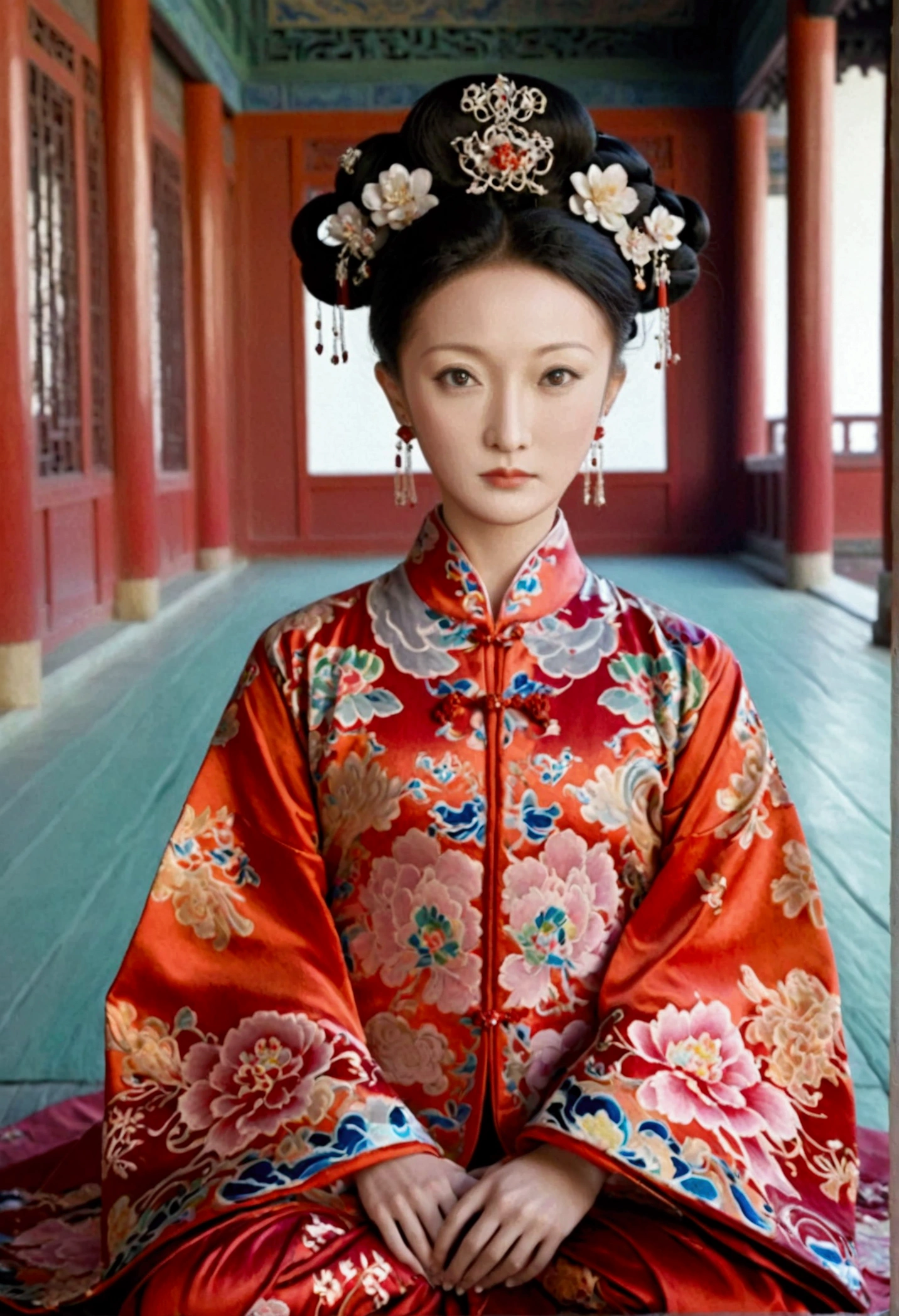 Female emperors of the Qing Dynasty, A naked woman wearing a red floral patterned Hanfu jacket, crouching with her legs open, seen from the front, Outside the Qing Dynasty Palace