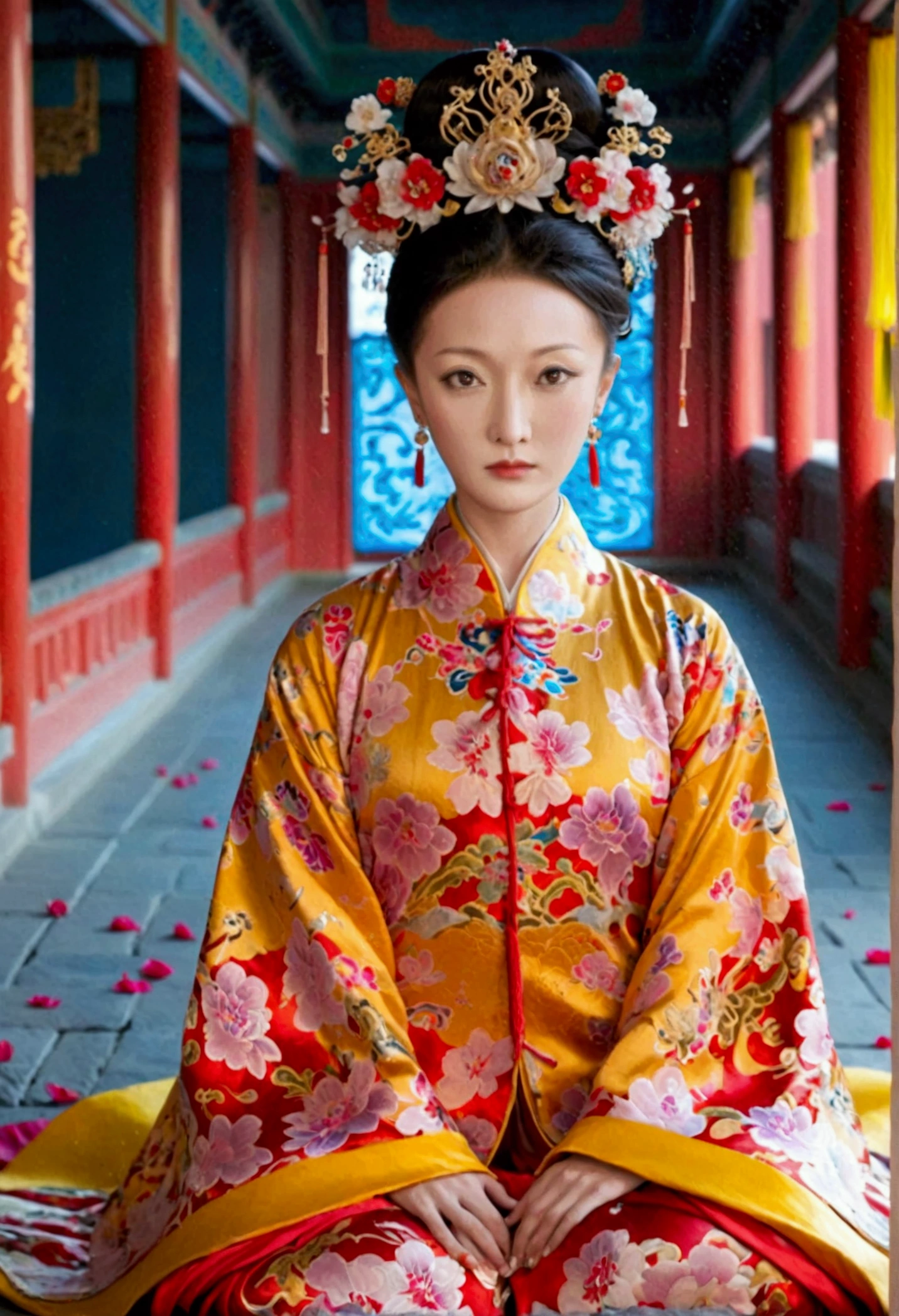 Female emperors of the Qing Dynasty, A naked woman wearing a red floral patterned Hanfu jacket, crouching with her legs open, seen from the front, Outside the Qing Dynasty Palace