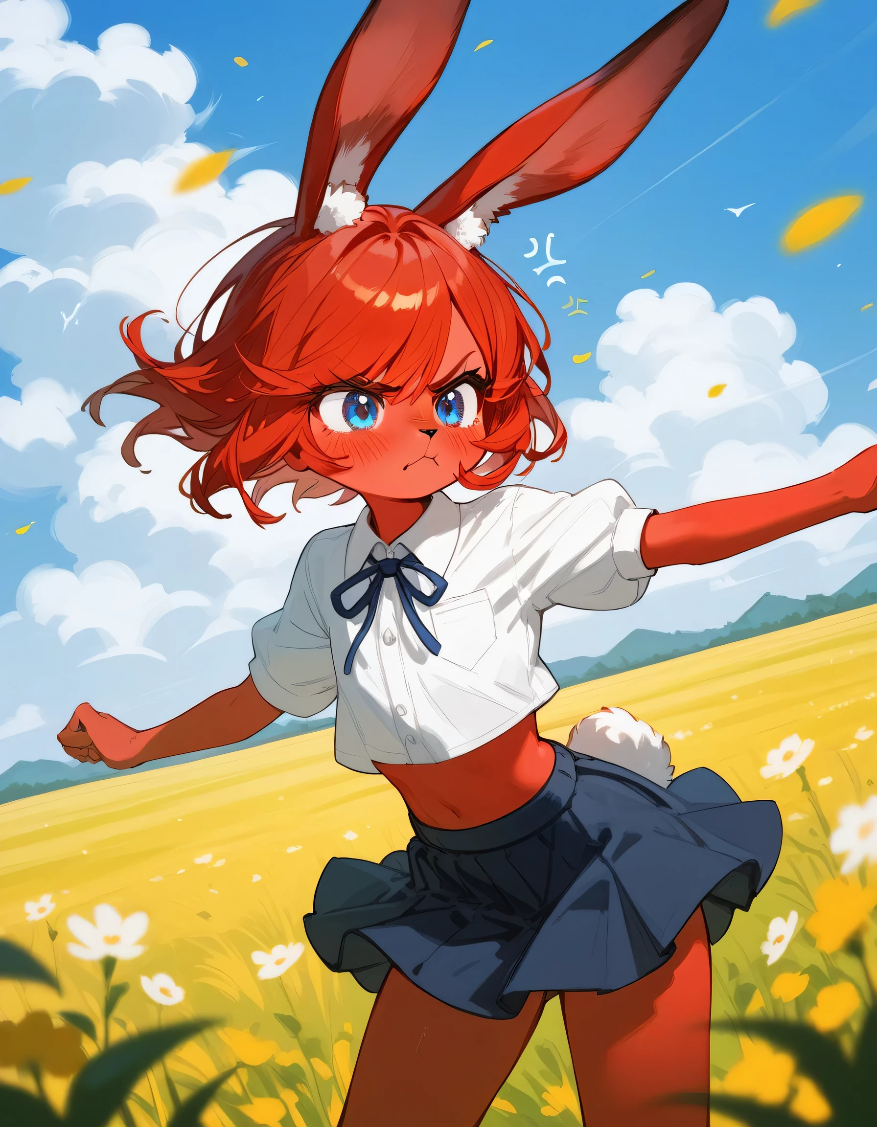 1 rabbit girl, furry, anthro, red skin, red hair, short hair, blushing, angry face, embarrassed, white summer short skirt, masterpiece, blue eyes, grass field, (score_9,score_8_up,score_7_up,score_6_up,score_5_up,score_4_up), floating hair, swept bangs