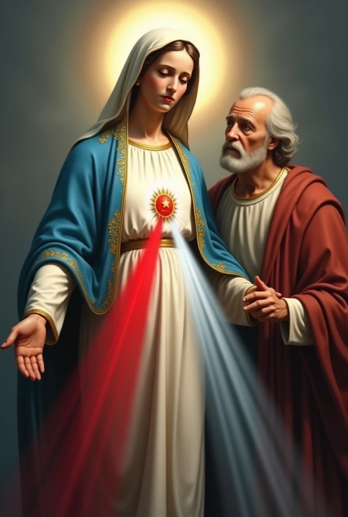 (photorealism:1.2) divine mercy with red and white rays and nail marks on hand, our mother of perpetual help, saint Joseph