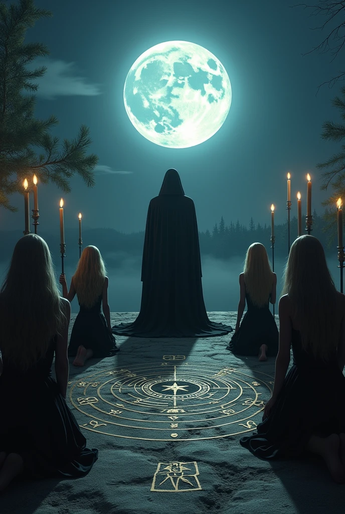 Cult of lilith, a man with black hood, a blonde woman with white hood , candles, the moon, and several beautiful woman knee