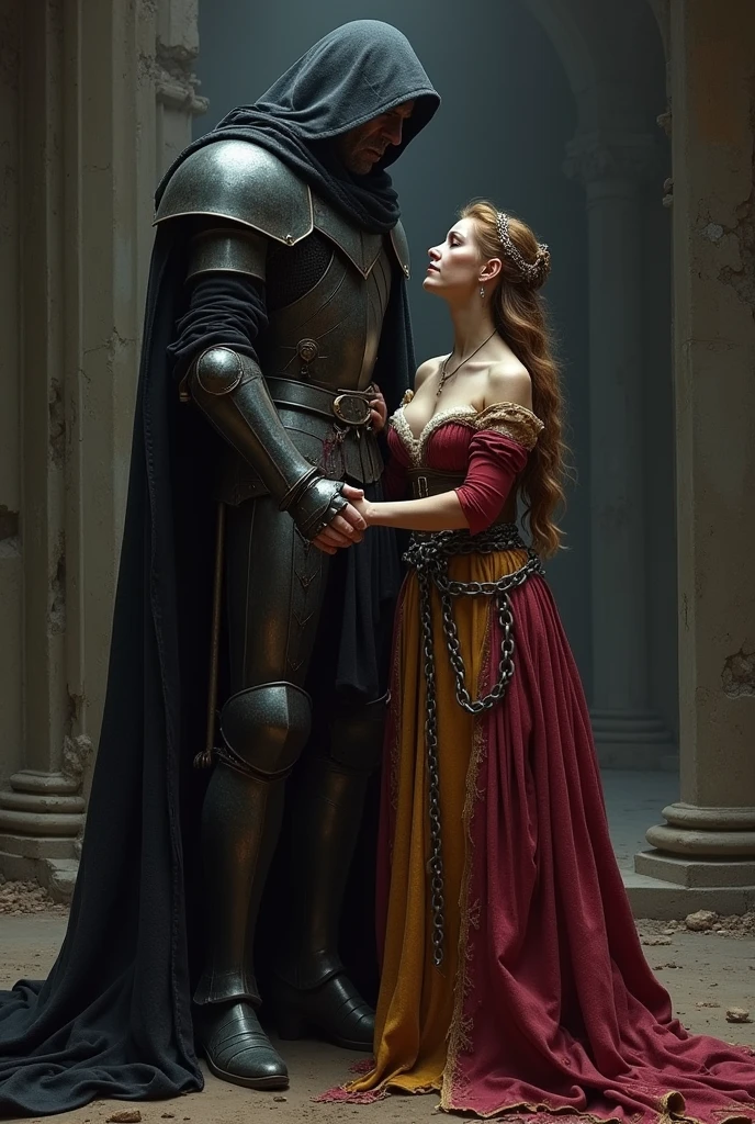Lady Seraphina d’Aurelis stands trembling before Grim Havel, her once-defiant spirit now broken by fear and exhaustion. Her torn and tattered gown hangs loosely from her figure, the rich crimson and gold fabric sullied with dirt and blood. Seraphina’s hands, bound in heavy iron chains, slowly unclench as she feels her willpower draining away. Havel, clad in blackened steel armor with a dark cloak billowing behind him, looms over her with a cold, calculating gaze. His touch is deceptively gentle as he tilts her head up to meet his eyes, his expression one of dark satisfaction. Seraphina’s eyes, filled with turmoil and resignation, lower in submission as a tear slips down her cheek. The background is a grim, shadowy room, the remnants of her fallen city barely visible through the gloom. The depiction is in a realistic, dark fantasy Renaissance Era style, capturing the intense and tragic atmosphere of Seraphina’s surrender to Havel’s power.