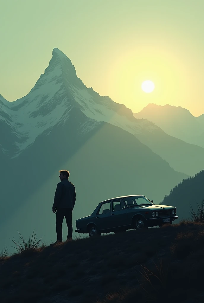 car on mountain, face at rise son
With sad guy