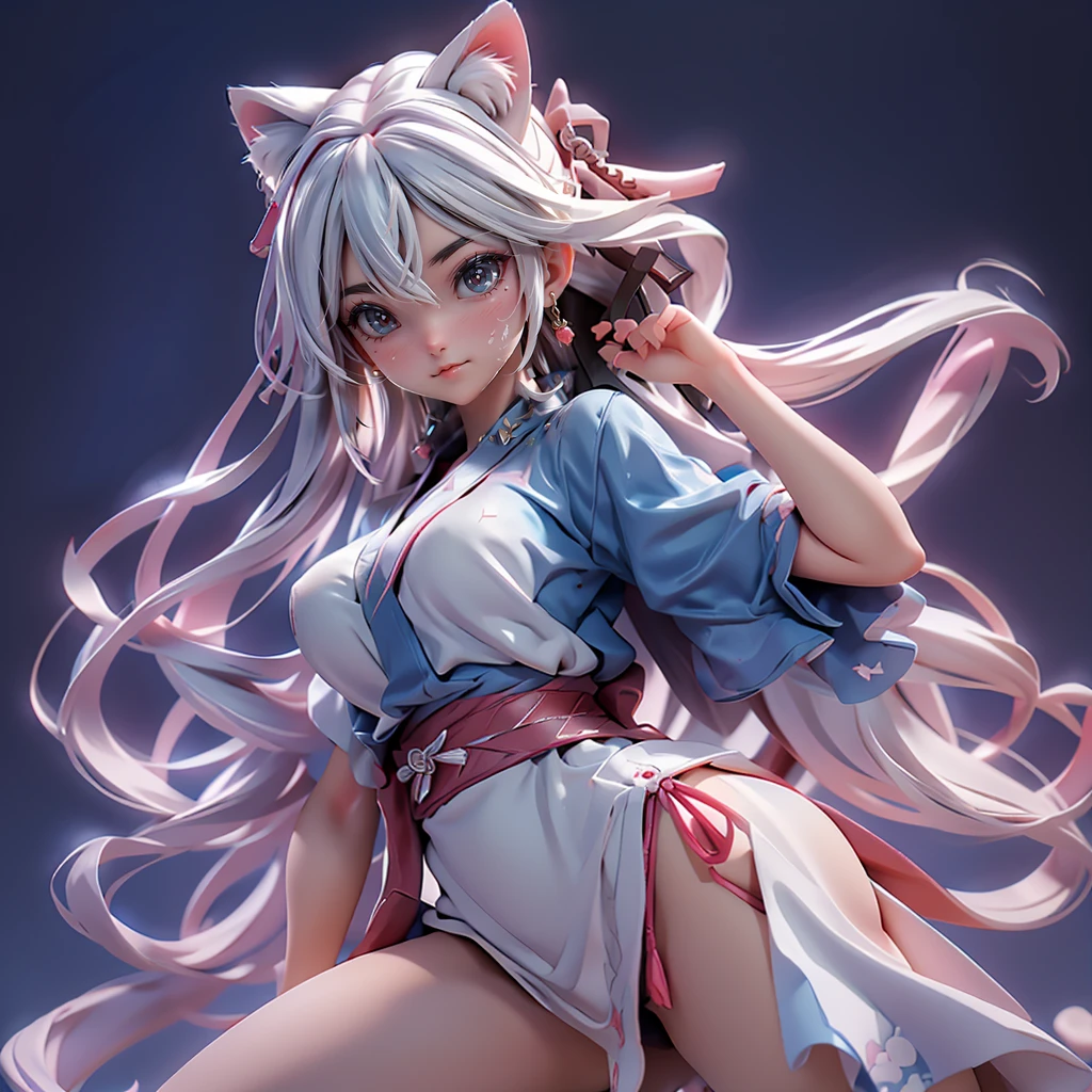Moisturized Skin, (blue eyes), Realistic body, (Adult female body), Energetic,3DCG, front, High angle,Pink lipstick, (Beautiful belly button), (Silver Hair), ((Cat ear)), Beautiful Hair, (Samurai Armor: 1.3), ((masterpiece + Highest quality + High resolution + Very detailed)), (whole body: 1.2), Landing,Bend, Spread your legs out to the sides, Place your right hand on the ground, Carrying a Japan sword on your back
