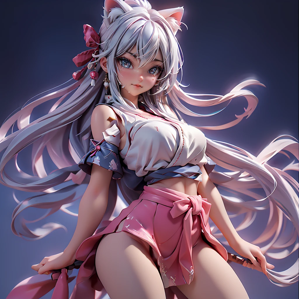 Moisturized Skin, (blue eyes), Realistic body, (Adult female body), Energetic,3DCG, front, High angle,Pink lipstick, (Beautiful belly button), (Silver Hair), ((Cat ear)), Beautiful Hair, (Samurai Armor: 1.3), ((masterpiece + Highest quality + High resolution + Very detailed)), (whole body: 1.2), Landing,Bend, Spread your legs out to the sides, Place your right hand on the ground, Carrying a Japan sword on your back