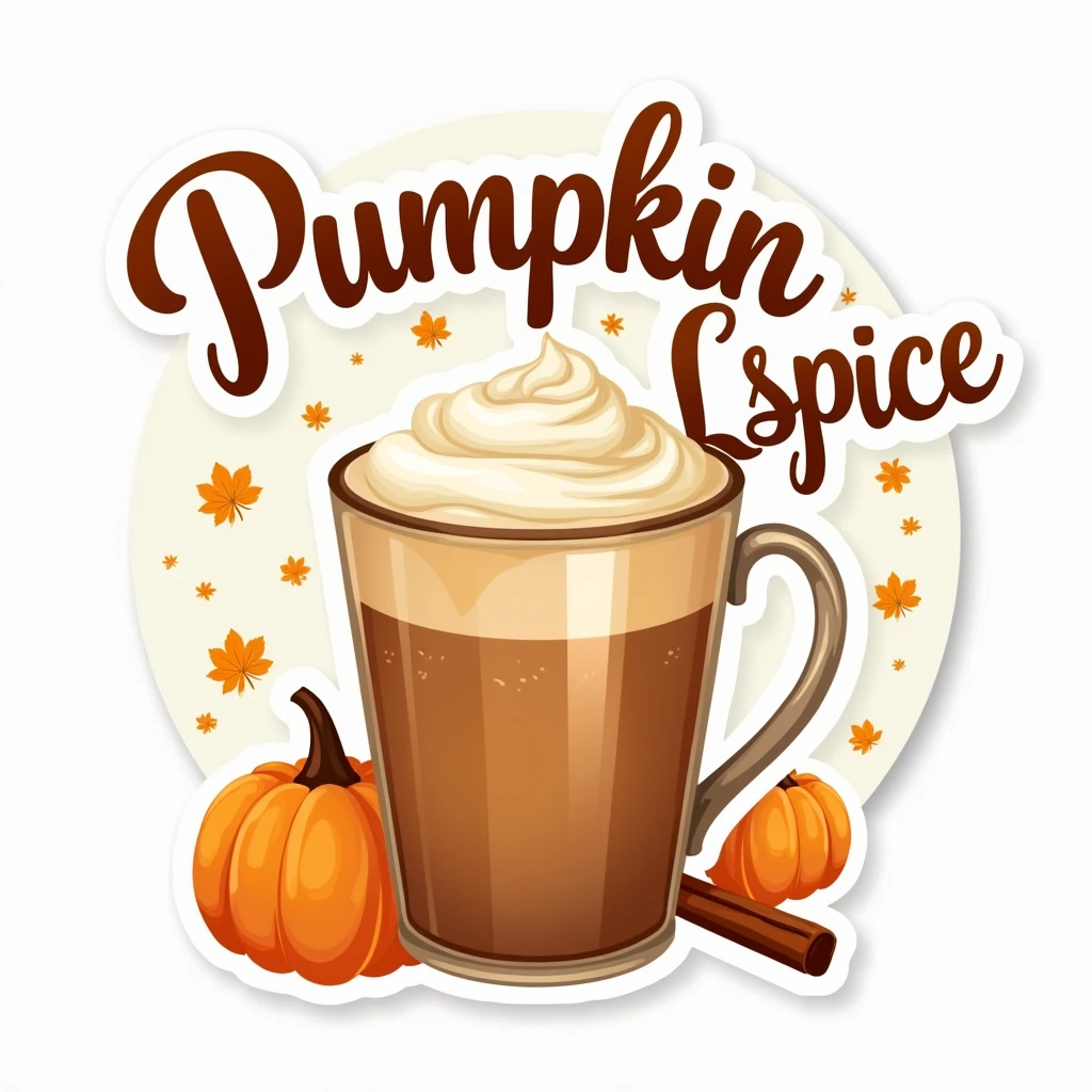 Create a high quality transparent background typography sticker of pumpkin spice latte with text "Pumpkin Spice Latte"