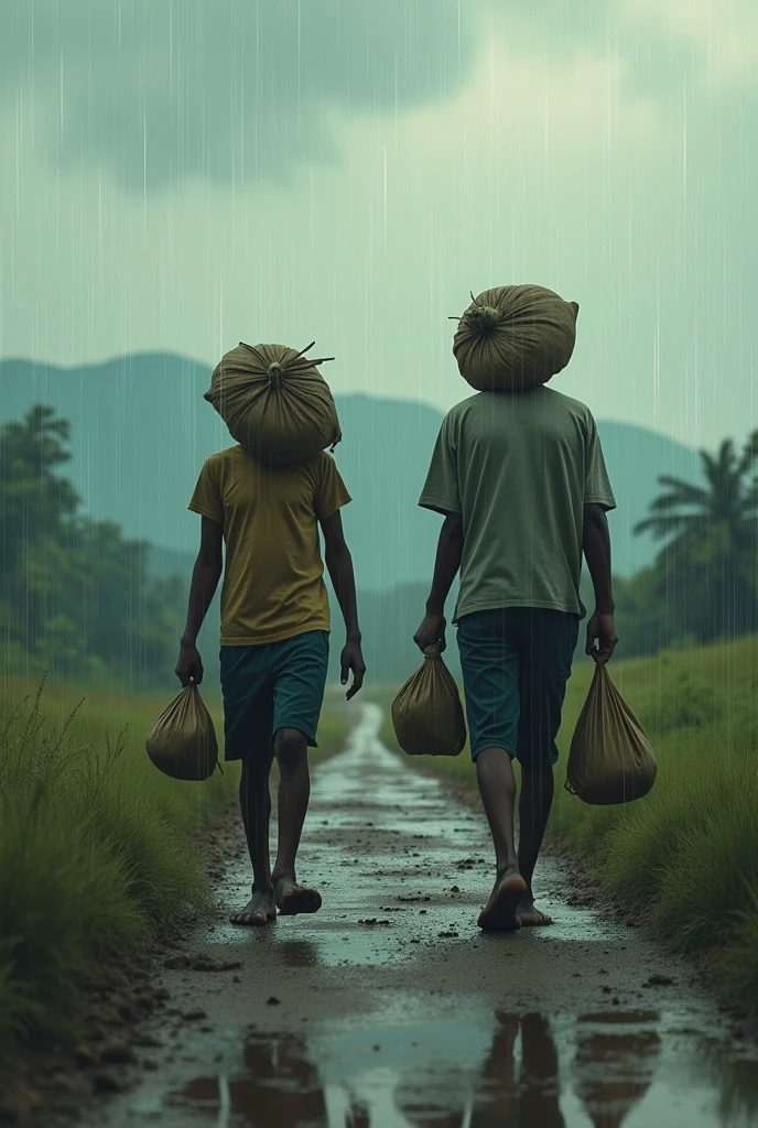A boy walking with his father with 1 bag each in there hands from his village to nearest city 'Belgaum' which is 20 Km far. They have kept gunny bag on there head to protect themselves from rain. It's raining outside.