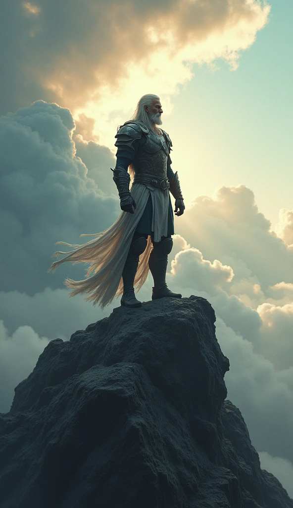 A warrior in battle armor, standing on top of a mountain peak, looking confidently into the distance. The sky is filled with dramatic clouds, and beams of sunlight pierce through, symbolizing the relentless grind toward success. The environment is wild and rugged, highlighting the journey of embracing discomfort.