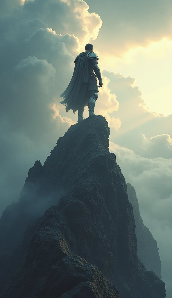 A warrior in battle armor, standing on top of a mountain peak, looking confidently into the distance. The sky is filled with dramatic clouds, and beams of sunlight pierce through, symbolizing the relentless grind toward success. The environment is wild and rugged, highlighting the journey of embracing discomfort.