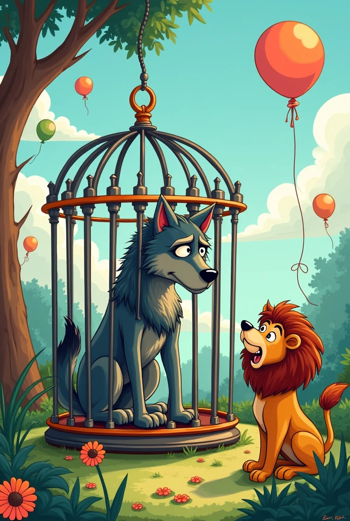 A sad wolf sits in a cage, the lion looks at him, cartoon