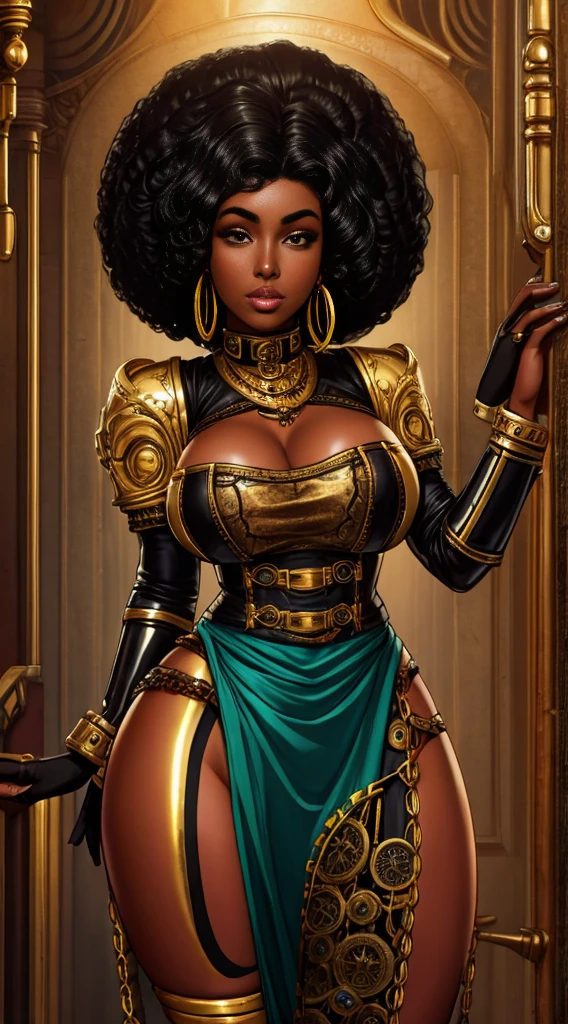 black woman, afrofuturism, sexly, slutty, dark skin, black skin, black hair, Steampunk, brass