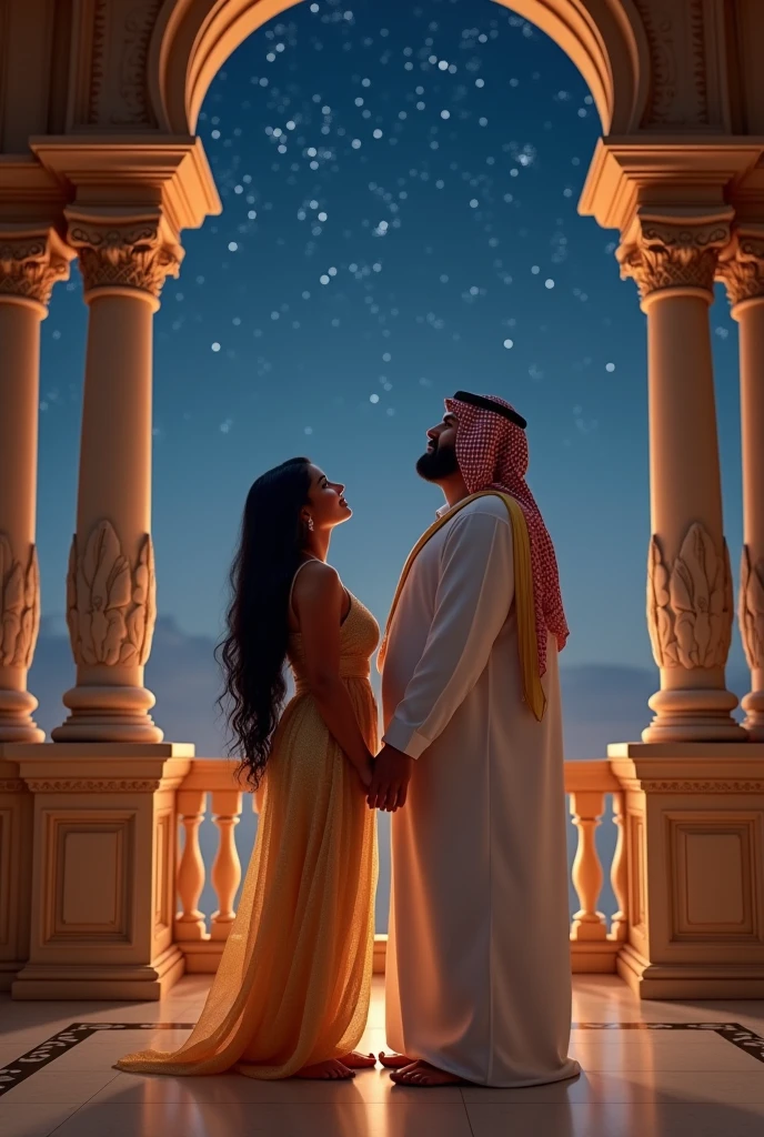 Create an image of a beautiful indian girl called Saranya wearing a golden nightie along with Mohammed bin Salman whose chubby and fat, he's the prince of Saudi Arabia. They both looking at the stars at night from their palace balcony. Their faces must been seen in the image