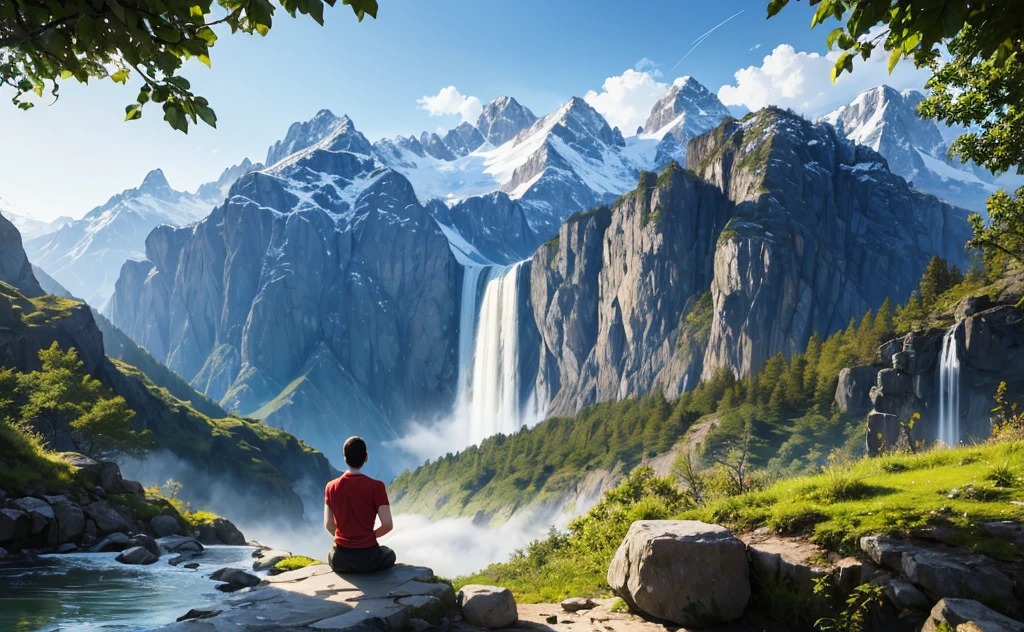 A  person meditating on a mountain under a big leaf raining weather beautiful landscape water fall animals calmly looking at him epic view looks so amazing 