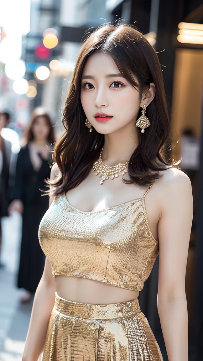 1 female, Beautiful Japanese actress, Age 25, Eyes,miles, Delicate face, Big earrings,Big necklace, Use red eyeshadow to create a gorgeous look,Light Brown Delicate Medium Length Hair,Wavy ends of hair,Elegant hairstyle,Fine particles,Slim actress, Large Breasts, valley, Smaller hips, Barbosa side bust), Sexy Silk Embroidered Fishtail Skirt:1.2), Breaking off long black hair, BREAK ceremony, Red carpet, Official Art,Highly detailed CG Unity 8K wallpaper, (masterpiece:1.0),(best quality:1.0), photo shoot, 8K, Browse, high resolution, Kodak Portrait 400, Film Grain, Lens flare brightness,Show Viewer, Front view