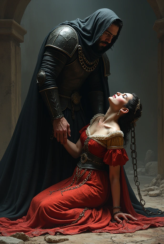 Lady Seraphina d’Aurelis kneel down trembling before Grim Havel, her once-defiant spirit now broken by fear and exhaustion. Her torn and tattered gown hangs loosely from her figure, the rich crimson and gold fabric sullied with dirt and blood. Seraphina’s hands, bound in heavy iron chains, slowly unclench as she feels her willpower draining away. Havel, clad in blackened steel armor with a dark cloak billowing behind him, looms over her with a cold, calculating gaze. His touch is deceptively gentle as he tilts her head up to meet his eyes, his expression one of dark satisfaction. Seraphina’s eyes, filled with turmoil and resignation, lower in submission as a tear slips down her cheek. The background is a grim, shadowy room, the remnants of her fallen city barely visible through the gloom. The depiction is in a realistic, dark fantasy Renaissance Era style, capturing the intense and tragic atmosphere of Seraphina’s surrender to Havel’s power.