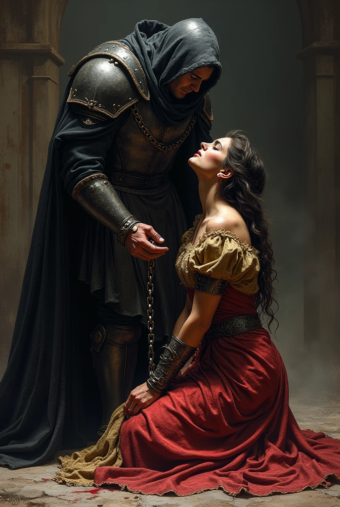 Lady Seraphina d’Aurelis kneel down trembling before Grim Havel, her once-defiant spirit now broken by fear and exhaustion. Her torn and tattered gown hangs loosely from her figure, the rich crimson and gold fabric sullied with dirt and blood. Seraphina’s hands, bound in heavy iron chains, slowly unclench as she feels her willpower draining away. Havel, clad in blackened steel armor with a dark cloak billowing behind him, looms over her with a cold, calculating gaze. His touch is deceptively gentle as he tilts her head up to meet his eyes, his expression one of dark satisfaction. Seraphina’s eyes, filled with turmoil and resignation, lower in submission as a tear slips down her cheek. The background is a grim, shadowy room, the remnants of her fallen city barely visible through the gloom. The depiction is in a realistic, dark fantasy Renaissance Era style, capturing the intense and tragic atmosphere of Seraphina’s surrender to Havel’s power.
