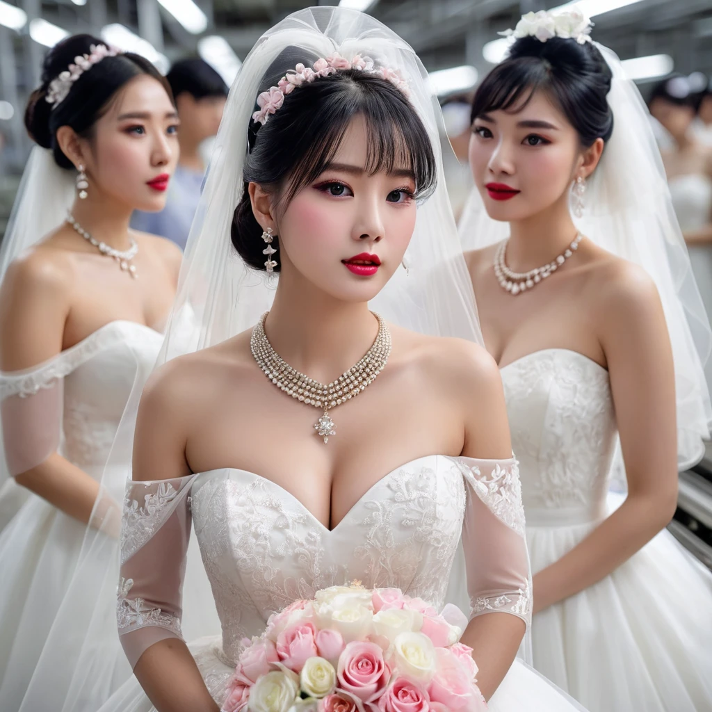 安卓 women in wedding dresses waiting to be shipped on a factory production line, Their faces are beautiful and cold,like a doll.She is wearing a white wedding dress and veil.Many women are standing on the conveyor belt of the production line, behind the line, All women are loaded onto a conveyor belt,(((Pixel Perfect, Perfect details))), ,bride, Keep your mouth shut,pink glossy lips,穿著bride禮服的特写,Gulwitz, (((bride頭紗))),(Transparent short veil),blush,Eyeshadow,Blushing face,Flower head,headgear,((Bouquet)),((((tube top wedding dress)))),(((Strapless Wedding Dress))),(Bare shoulders),Pure white dress,(((necklace))),((earrings)),(large breasts:1.3),Bangs,Lipstick,((White long elbow gloves)),Half-length photo,High Detail RAW Color Art,White long skirt,1, (Long twin tails:1.5),(Double bun:1.5), Black Hair,