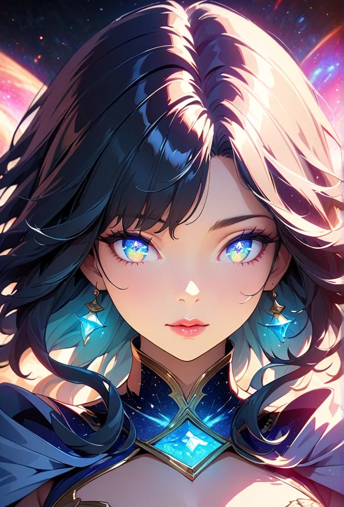 (Galaxy Goddess, Astrologer woman, Stargazer), Beautiful detailed eyes, Beautiful detailed lips, Highly detailed eyes and face, Long eyelashes, Elegant robes, Dramatic lighting, Glowing galaxies, Mysterious atmosphere, Vast Universe, ((Fortune-telling dance, Random Action)), Face Close Up, Intricate details, A calming color palette, Cinematic composition, Fantasy art, Digital Art, Anime Style, Detailed digital illustration, (Highest quality, 4K, 8K, High Contrast, masterpiece, Best aesthetics).